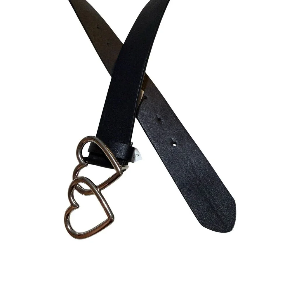 Black Double Heart Buckle Belt Silver Tone Women’s Size M Y2K